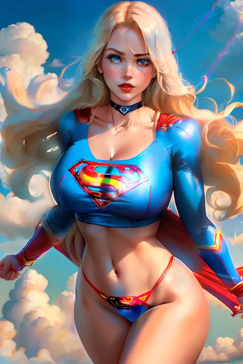 ((floating on sky)) ((Supergirl from D.C. comics series)) ((beautiful face)) (red lipstick) ((big bright eyes)) ((long blonde straight hairstyle)) ((very huge breasts)) (perfect slim body) ((wears blue tiny string thong with the superman logo)) ((choker)) ...