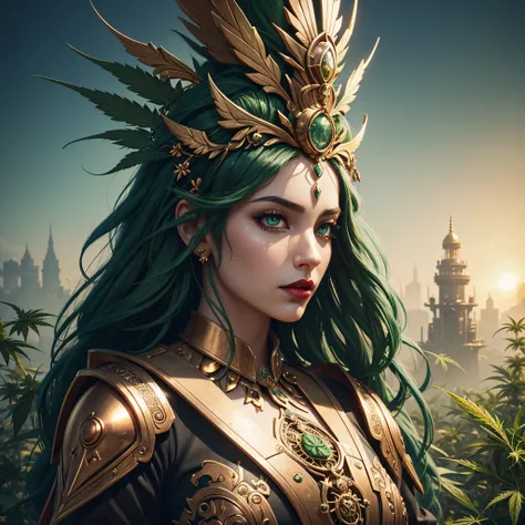 A woman (Jesica Alba :1.1) red lips, green eyes, as the queen of Cannabis, with a crown, steampunk style, with armor made of copper and Gold with Cannabis motive, and Cannabis plants and leafs all over to create a tasteful style poster to promote Cannabis,...