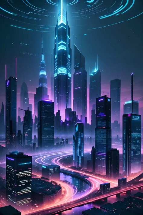 Create an image of a futuristic city at night, with tall, shining skyscrapers that stretch to the horizon. Add shimmering reflections of colored lights on glass and metal buildings. Include details of sleek flying vehicles and subtle silhouettes of people ...