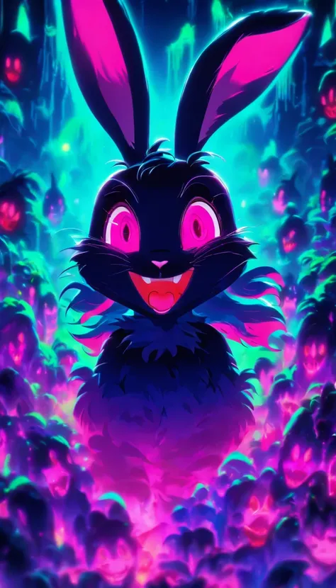 masterpiece super cute but super creepy little bunny, bunny, red eyes, scary, neon, purple, green, turquoise iridicent colors, hallucinanting, nature, no_humans, depth of field, to8contrast style, DARK_Glam, wearing DRK_Glam, deep shadows, (dark: 1.4), (8k...