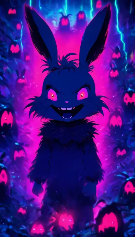 masterpiece super cute but super creepy little bunny, bunny, red eyes, scary, neon, purple, green, turquoise iridicent colors, hallucinanting, nature, no_humans, depth of field, to8contrast style, DARK_Glam, wearing DRK_Glam, deep shadows, (dark: 1.4), (8k...