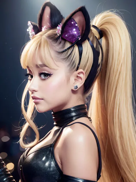 Ariana Grande, high resolution, high ponytail, 9 life, blonde, beautiful face, bondage fashion, live venue, live stage, solo artist, landscape with depth, very thin set, smile, cat ears,