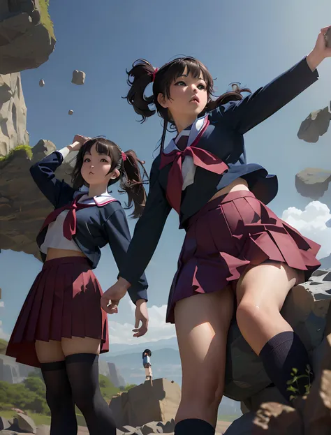 twins,school girls,japanese style,same outfit,falling rocks,(best quality,4k,8k,highres,masterpiece:1.2),ultra-detailed,(realistic,photorealistic,photo-realistic:1.37),manga style, vibrant colors, dramatic lighting