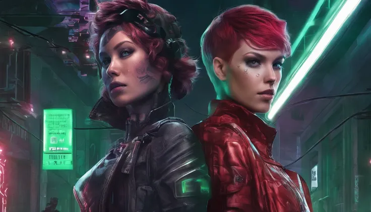 Theres a cyberpunk woman with cyborg elements on her face standing in a cyberpunk city alley at night, punk hairstyle, red hair, crest haircut, green eyes, dark knight movie aesthetic, darksynth aesthetic, red neons, beautiful woman, haze, foggy night, hor...