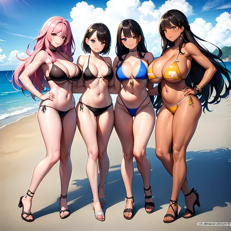 {{{masterpiece}}}, {{{{{official art}}}}}, ((best quality)), 4womans, group shot, bikini, colorful,beach, (Athletic body:0.5),breasts,long legs,(full-body shot)