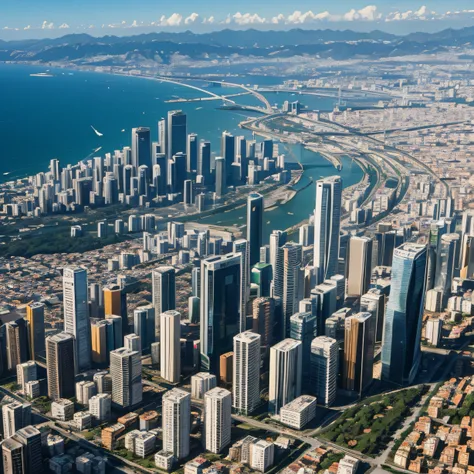 Arafed image of a city with multiple beamlines, Cidade em segundo plano, Conectividade, fiber optic network, imerso em uma rede, um tiro largo, cidade de dia em segundo plano, Shutterstock, connecting lines, inovador, por Randy Post, apanhado, foto de pais...