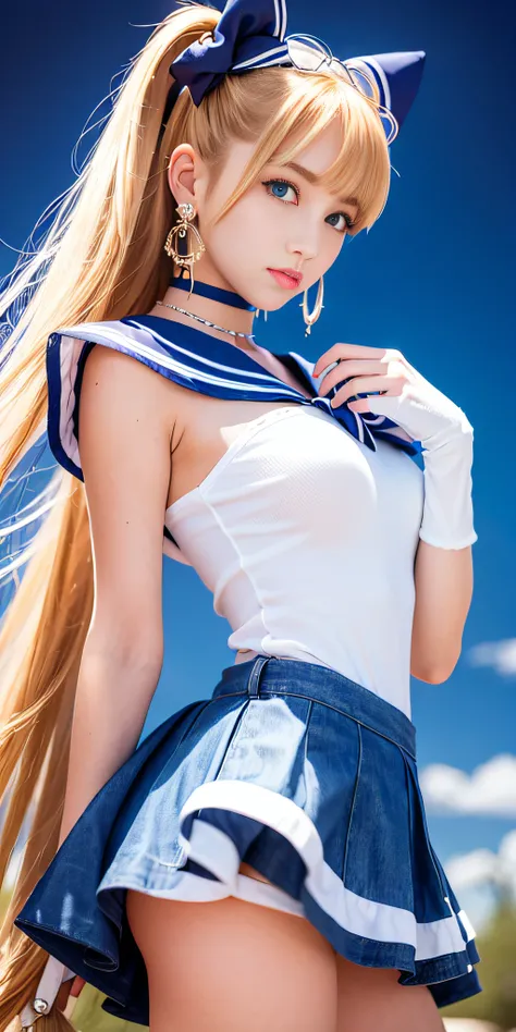 masterpiece, best quality, high resolution, Sailor Moon, 1 girl, solo, sailor senshi uniform, Usagi, blonde hair, magical girl, blue eyes, orange skirt, elbow length gloves, tiara, 20% pleated miniskirt , hair bow, blue sailor necklace, 20% miniskirt, chok...