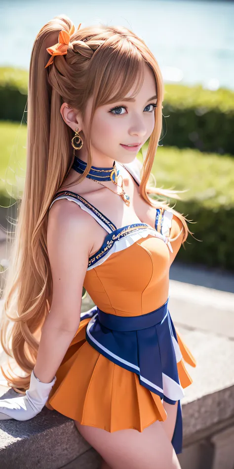 masterpiece, best quality, high resolution, venus1, 1 girl, solo, sailor senshi uniform, sailor venus, aino minako, blonde hair, magical girl, blue eyes, orange skirt, elbow length gloves, tiara, 40% pleated miniskirt , hair bow, orange sailor necklace, mi...