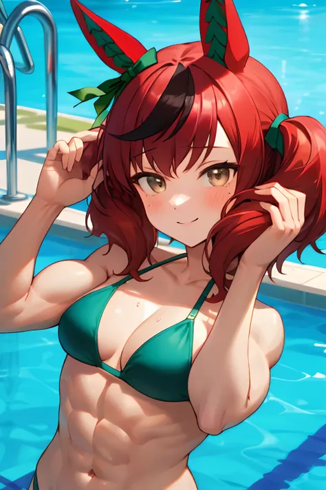 nice nature (umamusume), masterpiece, best quality, ((ultra-detailed face)), (muscular girl), abs, upper body, plain bikini, horse tail, pool, smile, detailed clear eyes, frontage, hands up