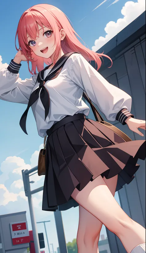 1girl in、AS-Adult、A smile、open open mouth、、be shy、The shirt、skirt by the、（small tits）Japan High School、校服、serafuku、Walking with a thigh、Upper body portrait、