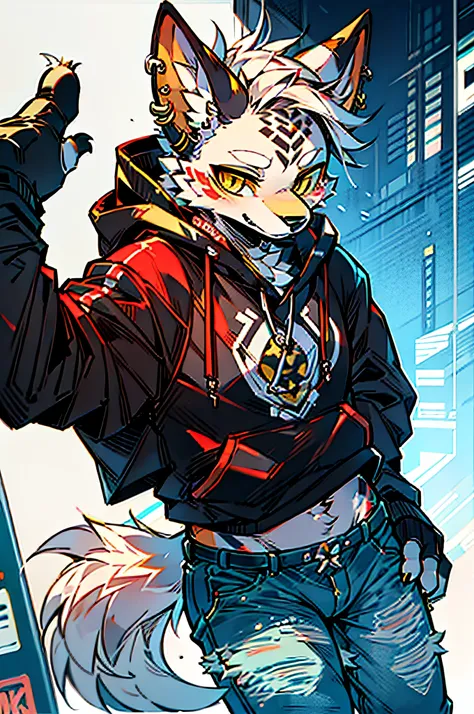 Cool and trendy Doberman dog, White hair, Yellow eyes, Wear trendy hip-hop clothes, Wearing a hoodie, Graphic T-shirt and ripped jeans, Lots of tattoos and piercings, Doodle style background, Highly detailed background, perfect masterpiece