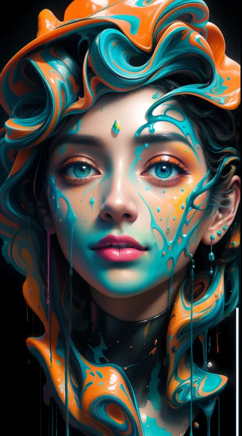 um close up de uma escultura de uma mulher com tinta roxa e laranja, gotejamento com cor, face submerged in colored oils, 3d arte digital 4k, colorful melting human head, cores vibrantes hiper realismo, lindo arte digital, Arte colorida, Beeple e Jeremias ...