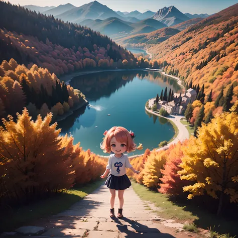 ​masterpiece、top-quality、ultra-detailliert、(Chibi Chara:1.2)、Stand on top of the Leaning Tower of Pisa、Shot by a drone、Below is a fairytale autumn forest and a blue lake、Hair swaying in the wind、Standing、spreading arms widely、a smile