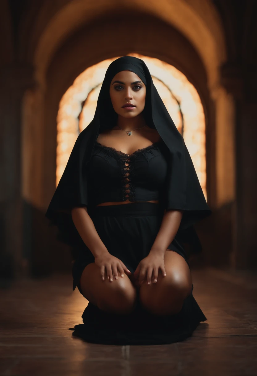 8k, ultra realistic, young Mexican woman in black nun lingerie squatting with legs open