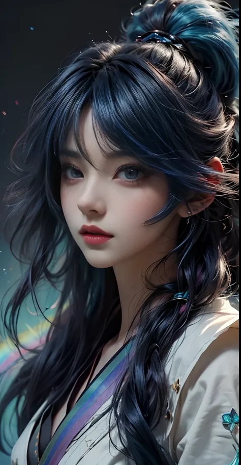 (Anime Girl + Long Hair + Portrait), (Color Hair + Rainbow: 1.5 + Cosmic Hair: 1.2), (Beauty + Fantasy + Anime Style), (8K Wallpaper: 1.2 + 4K Wallpaper: 1.1), (Anime Illustration + Art Style + Art Artwork)