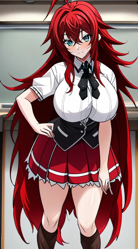 masterpiece, best quality, ultra-detailed, hires,  beautiful, detailed hair and eyes, 1girl, red hair, long hair, ahoge,rias gre...