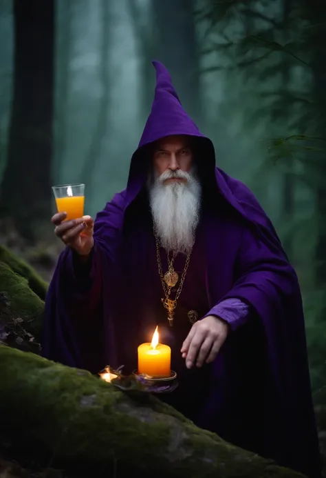 Arafed monk in a purple robe holding a glass of orange juice, like a Wizard, in dark purple robes, wearing black and purple robes, Portrait of a forest wizard, wearing dark robe, casting a spell on a potion, evil sorcerer, tarot card the hermit, saggy purp...