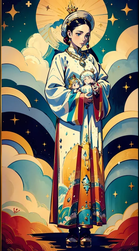 Water colour painting style, The beautiful 16-year-old queen holds a (baby prince:1.5) wearing shavings in her arms, Walking, Straight eyes, radiating a brilliant aura, Rosary handle, Crown Team, (Systemic: 2.0), Stand in the cloud, our lady, (full body: 2...