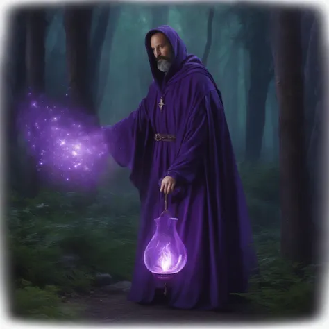 Arafed monk in a purple robe holding a portion, like a Wizard, in dark purple robes, wearing black and purple robes, Portrait of a forest wizard, wearing dark robe, casting a spell on a potion, evil sorcerer, tarot card the hermit, saggy purple robes, an a...