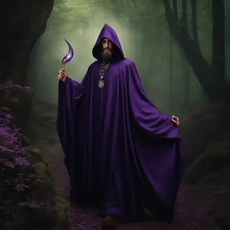 Arafed monk in a purple robe holding a portion, like a Wizard, in dark purple robes, wearing black and purple robes, Portrait of a forest wizard, wearing dark robe, casting a spell on a potion, evil sorcerer, tarot card the hermit, saggy purple robes, an a...