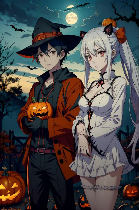 Anime boy and girl in Halloween costumes with pumpkins on the background, tumblr, ❤🔥🍄🌪, Estilo aterrador, 🍂 Lindo, Estilo anime 2D, ✨🕌🌙, Estilo de arte de Halloween, Mysterious and somber art style, Akehiko Inoue y Ross Tran, con ojos brillantes, Estilo de...