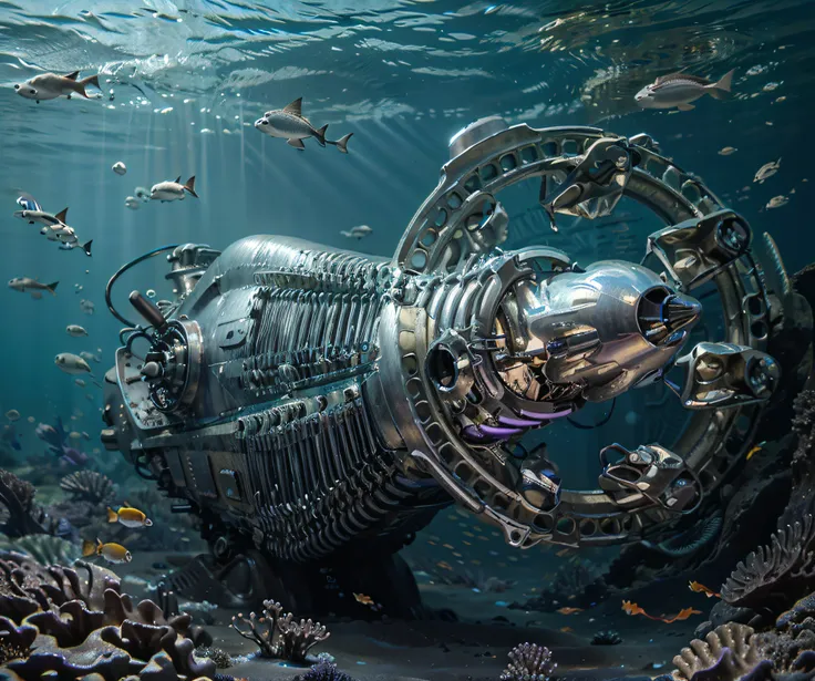 biomechanical style submarine cyborg, metallic gray color with purple details, realistic metallic texture, this under the sea un...