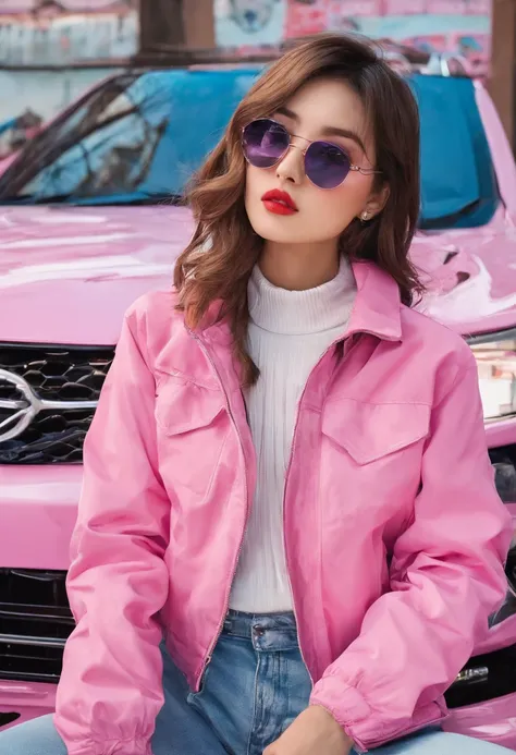 Arafe wearing a pink jacket and sitting on the ground next to the car, a photorealistic painting inspired by Sim Sa-jeong, trending on cg society, Photorealism, realistic anime 3 d style, photorealistic anime girl render, Korean Girl, Gorgeous young Korean...