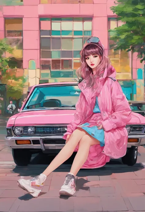 Arafe wearing a pink jacket and sitting on the ground next to the car, a photorealistic painting inspired by Sim Sa-jeong, trending on cg society, Photorealism, realistic anime 3 d style, photorealistic anime girl render, Korean Girl, Gorgeous young Korean...