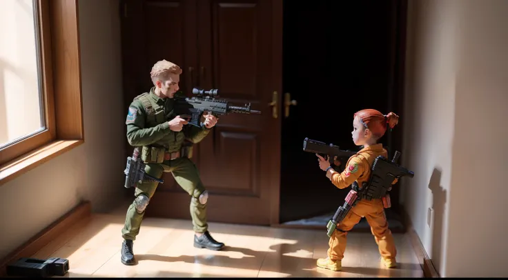 action figures with guns fighting in a childs bedroom