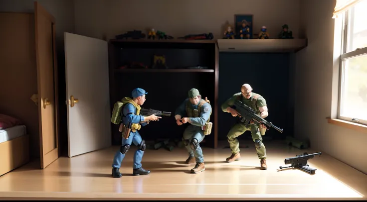 action figures with guns fighting in a childs bedroom