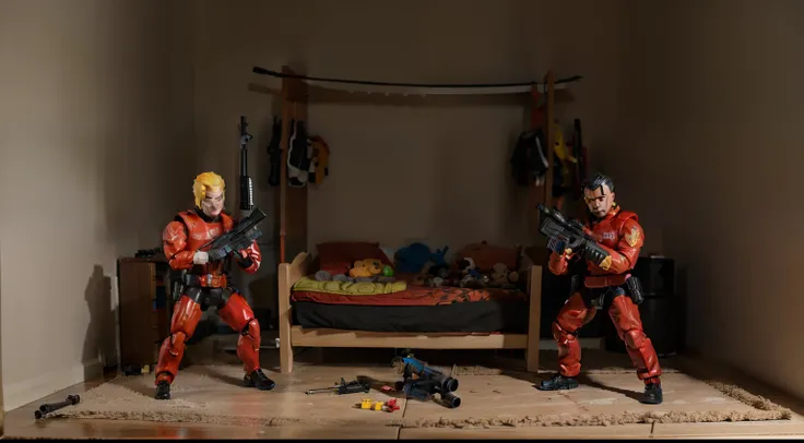 action figures with guns fighting in a childs bedroom