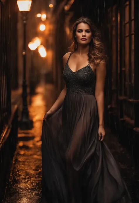 A beautiful woman with brown eyes, a sarcastic smile, dressed in red, standing gracefully in the pouring rain. The raindrops create a soft, ethereal ambiance, reflecting a combination of sadness and mystery. The womans clothes cling to her body, accentuati...