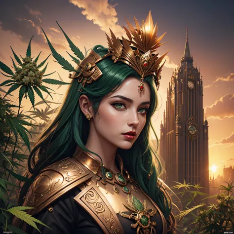 A woman (Jesica Alba :1.1) red lips, green eyes, as the queen of Cannabis, with a crown, steampunk style, with armor made of copper and Gold with Cannabis motive, and Cannabis plants and leafs all over to create a tasteful style poster to promote Cannabis,...