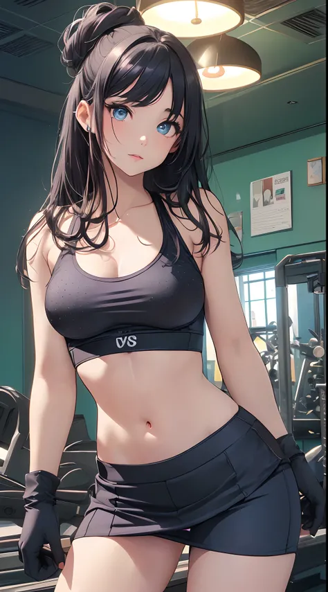 top-quality、Top image quality、​masterpiece、girl with((cute little、20yr old、Best Bust、Medium bust、Bust 85,Beautiful blue eyes、Breasts wide open,Long Black Hair、A slender、Middle knot、Black Sports Bra、Blue long trousers、White sheer short skirt,Reflecting the ...