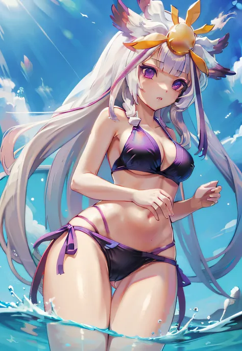 masterpiece, best quality, absurd Res, perfect anatomy, simple background, (((front views))), (((from below))), Mori Base, white long hair, (((larger breasts:0.9))), veil, hair ornament, white high socks, black geta, (((Purple side string bikini))), (((for...