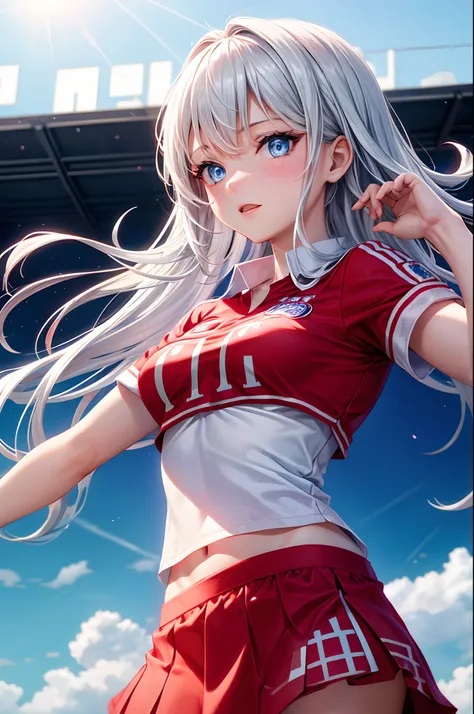 1girl, blue eyes, white air, Bayern Munich, red shirt, mini skirt