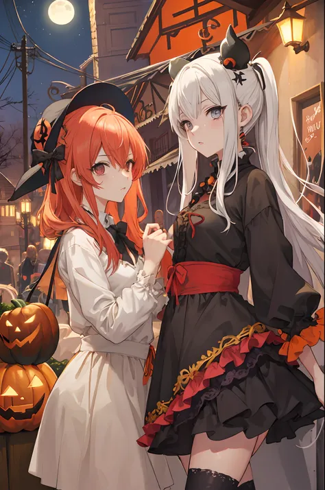 Chico y chica de anime en disfraces de Halloween con calabazas en el fondo, tumblr, ❤🔥🍄🌪, Estilo aterrador, 🍂 hermoso, Estilo anime 2D, ✨🕌🌙, Estilo de arte de Halloween, Mysterious and somber art style, Akehiko Inoue y Ross Tran, con ojos brillantes, Estil...