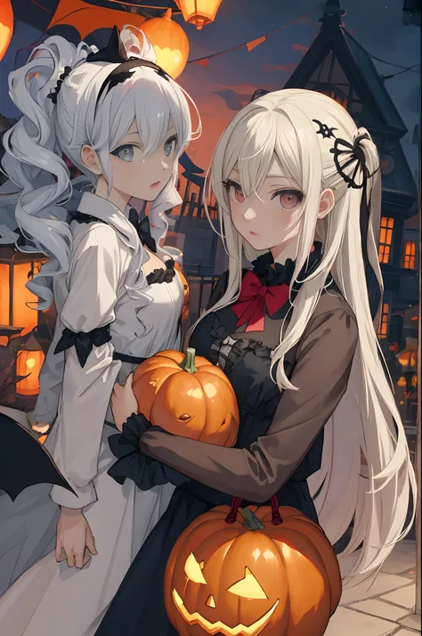 Chico y chica de anime en disfraces de Halloween con calabazas en el fondo, tumblr, ❤🔥🍄🌪, Estilo aterrador, 🍂 hermoso, Estilo anime 2D, ✨🕌🌙, Estilo de arte de Halloween, Mysterious and somber art style, Akehiko Inoue y Ross Tran, con ojos brillantes, Estil...