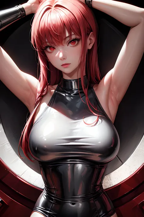 masterpiece,Best Quality,Highly detailed,1girl,Metallic White Silver tanktop,latex, Red Hair, long hair,Red Eyes,