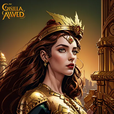 A woman (Jesica Alba :1.1) red lips, green eyes, as the queen of Cannabis, with a crown, steampunk style, with armor made of copper and Gold with Cannabis motive, and Cannabis plants and leafs all over to create a tasteful style poster to promote Cannabis,...