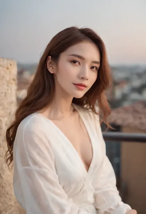 (((Attractive woman)))、1 person（model woman）、、((slimfigure))、White shirt on the upper body，White pants at the bottom，Sitting on the edge of the terrace on the roof of the building，Watch the sunset，Back diagram，((Half of the body is exposed))，Long hair with...