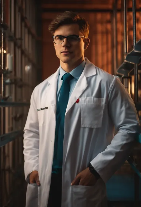 Young man in lab coat and tie standing in front of a wall, medic, vestindo camiseta,  lab coat, surgeon, wearing lab coat and glasses