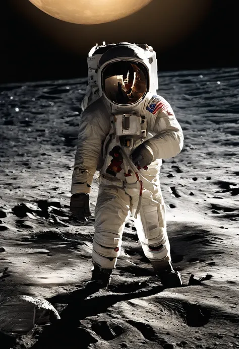 In the barren and desolate moonscape, An intrepid heroic astronaut moves forward with firm and determined steps. He is fully equipped in his gleaming white spacesuit, destacando-se vividamente contra o fundo escuro do solo lunar. The reflection of sunlight...