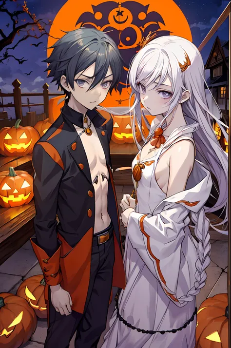 Anime boy and girl in Halloween costumes with pumpkins on the background, tumblr, ❤🔥🍄🌪, Estilo aterrador, 🍂 Lindo, Estilo anime 2D, ✨🕌🌙, Estilo de arte de Halloween, Mysterious and somber art style, Akehiko Inoue y Ross Tran, con ojos brillantes, Estilo de...