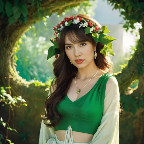 A woman with a wreath on her head and a necklace, Full-body and middle-aged clothing, retrato bonito da fantasia, retrato bonito da arte da fantasia, retrato da fantasia, retrato da arte da fantasia, donzela da fantasia bonita, retrato bonito, Fantasy genr...