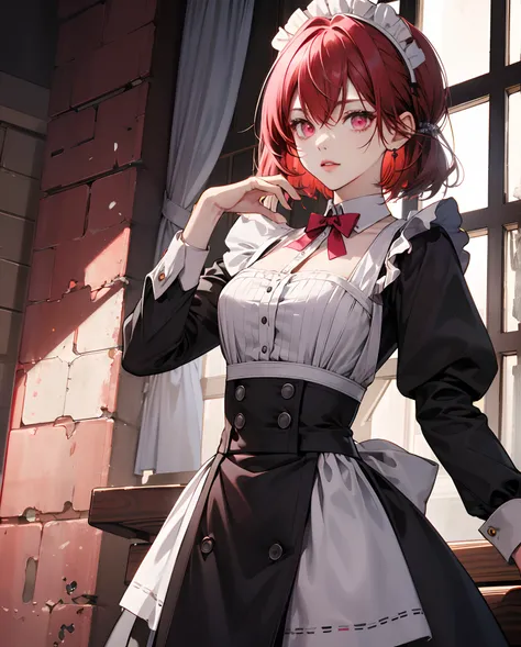 Red Hair, Pink Eyes, Two-Dimensional Beautiful Girl, Maid Outfit