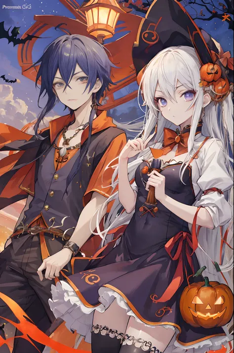 Anime boy and girl in Halloween costumes with pumpkins on the background, tumblr, ❤🔥🍄🌪, Estilo aterrador, 🍂 Lindo, Estilo anime 2D, ✨🕌🌙, Estilo de arte de Halloween, Mysterious and somber art style, Akehiko Inoue y Ross Tran, con ojos brillantes, Estilo de...