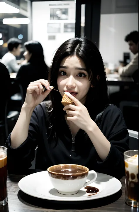 there is a woman sitting at a table with a glass of tea, eating ice - cream, eating ice cream, panting, eating, very funny, with funny feeling, candid shot, semi realism, (((low light))), potrait, candid photo, faridah malik, random artist, during night, p...