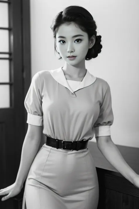 1womanl、(Solo:1.3)、(Super beautiful)、(ultra beautiful faces)、Japan actresses of the 1950s、(Clothes that were popular in the United States in the 1950s)、upperbody shot、(Monochrome photography)