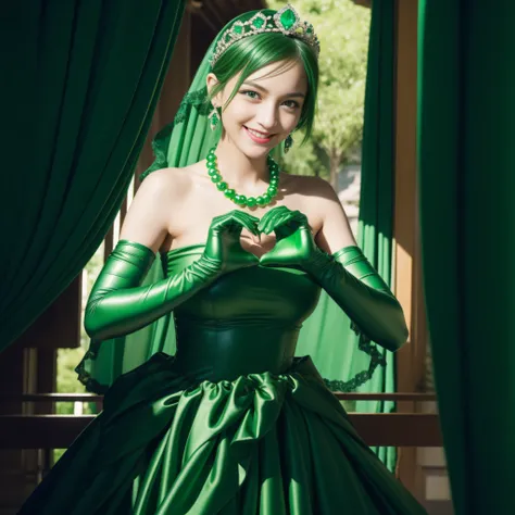 emerald tiara, Green Pearl Necklace, Boyish very short green hair, lipsticks, Japan woman smiling, very short short hair,  big breasts beautiful, Green eyes, Long green gloves made of satin material, Green eyes, Emerald Earrings, green vale, Heart with bot...